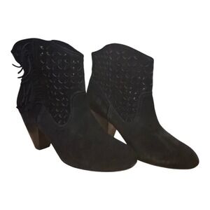 JS Boutique Black Suede Western Ankle Boots Women's Size 10M / EU 40 Cutout Frin